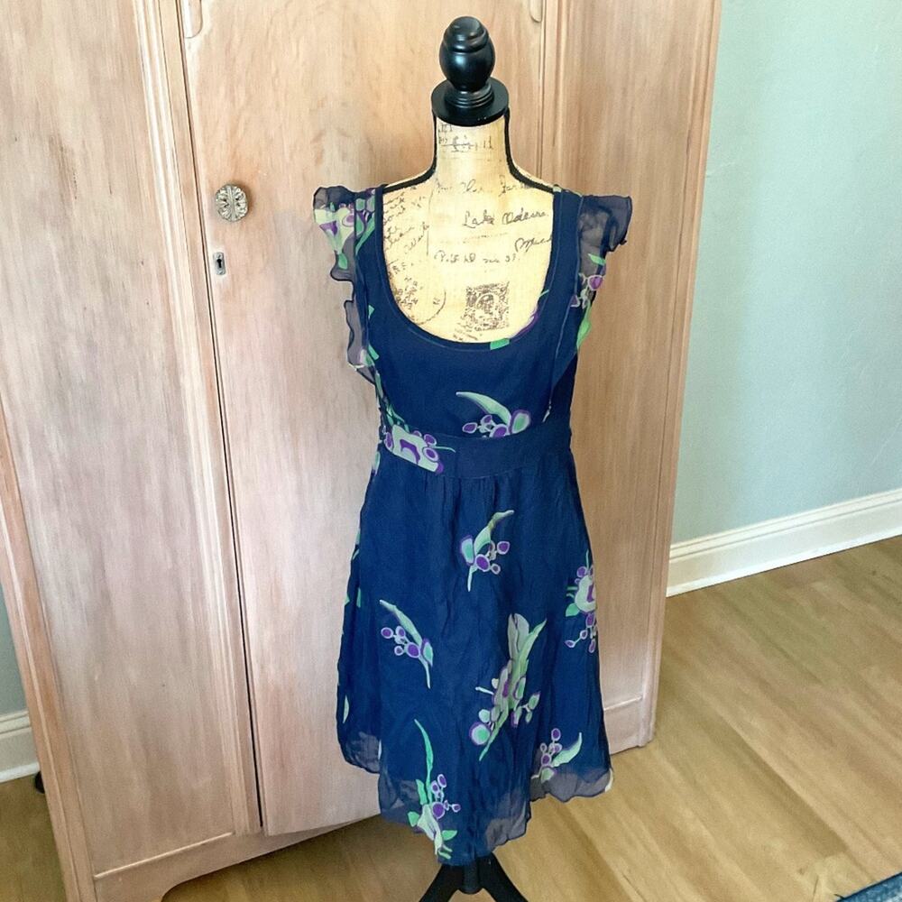 Anthropologie Maeve silk dress navy green milkmaid babydoll Y2K style flounce 8